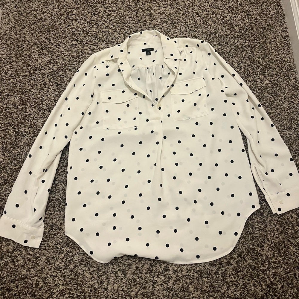 Ann Taylor White Blouse with Navy Polka Dots